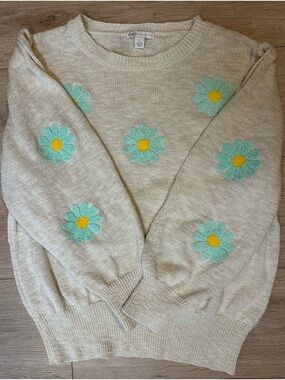 Cato Spring Sweater with Daisies Mint Green & Yellow